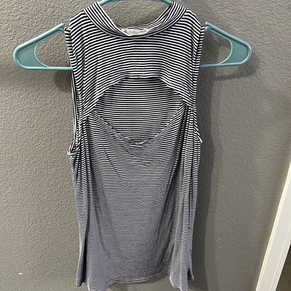 Blue and White striped sleeveless top with cut out cleavage